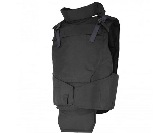 Original Russian tactical body armor for Special Forces, KORUND-VM-K from NPP klass with Kevlar inserts, black bulletproof plate carrier.