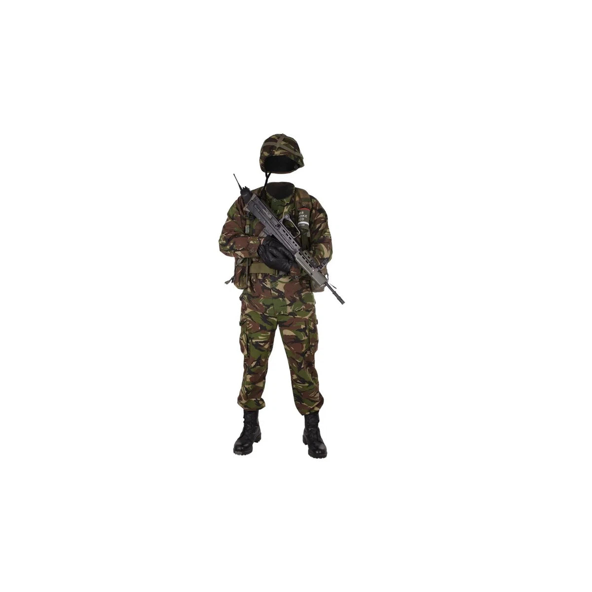 British army equipment of the 90s in DPM camouflage analogue of woodland camo. Suit, Webbing Vest, Helmet with cover and Body Armour Cover. - Armorix