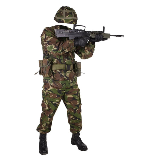 British army equipment of the 90s in DPM camouflage analogue of woodland camo. Suit, Webbing Vest, Helmet with cover and Body Armour Cover. - Armorix