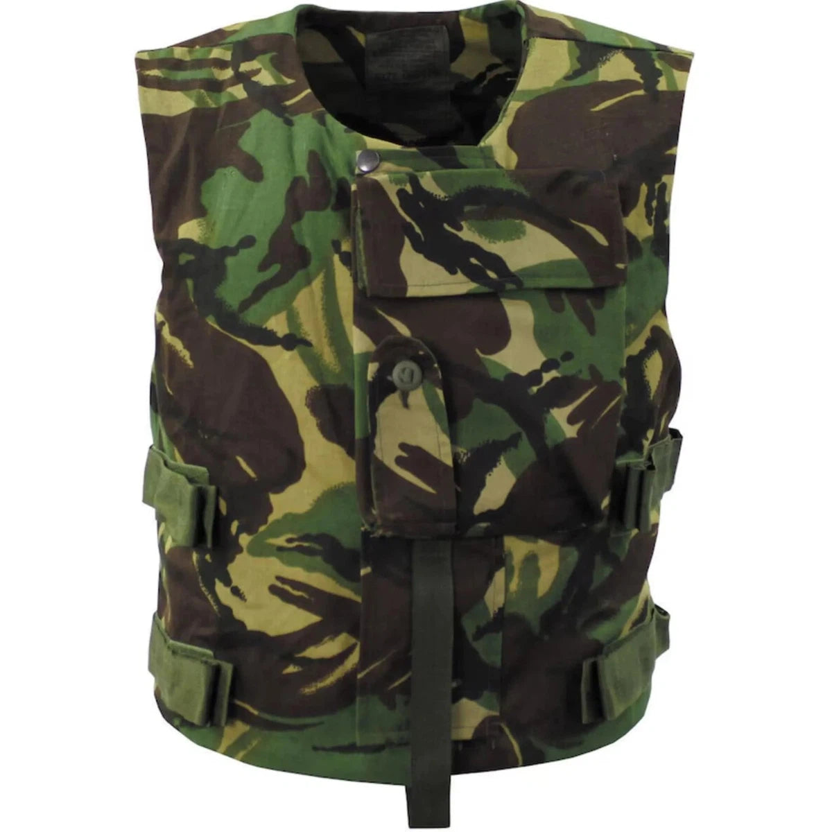 British army equipment of the 90s in DPM camouflage analogue of woodland camo. Suit, Webbing Vest, Helmet with cover and Body Armour Cover. - Armorix