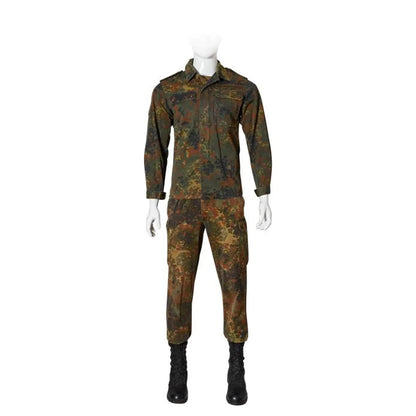 Bundeswehr equipment gear, in flecktarn camouflage, early 2000s, german body armor cover, suit, and helmet. - Armorix