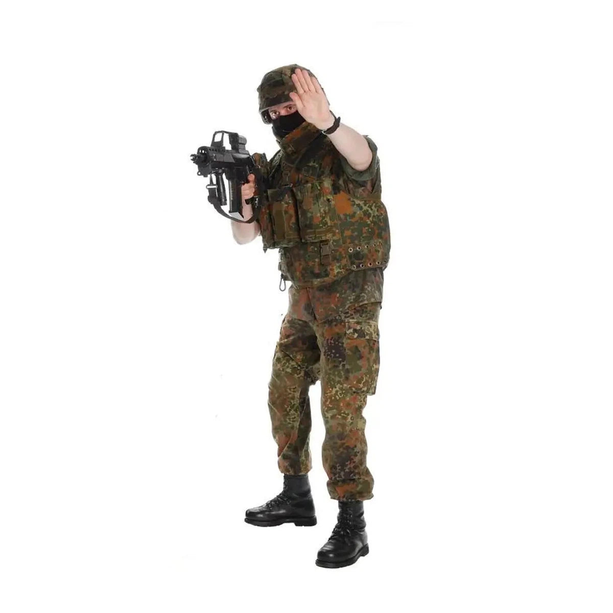 Bundeswehr equipment gear, in flecktarn camouflage, early 2000s, german body armor cover, suit, and helmet. - Armorix