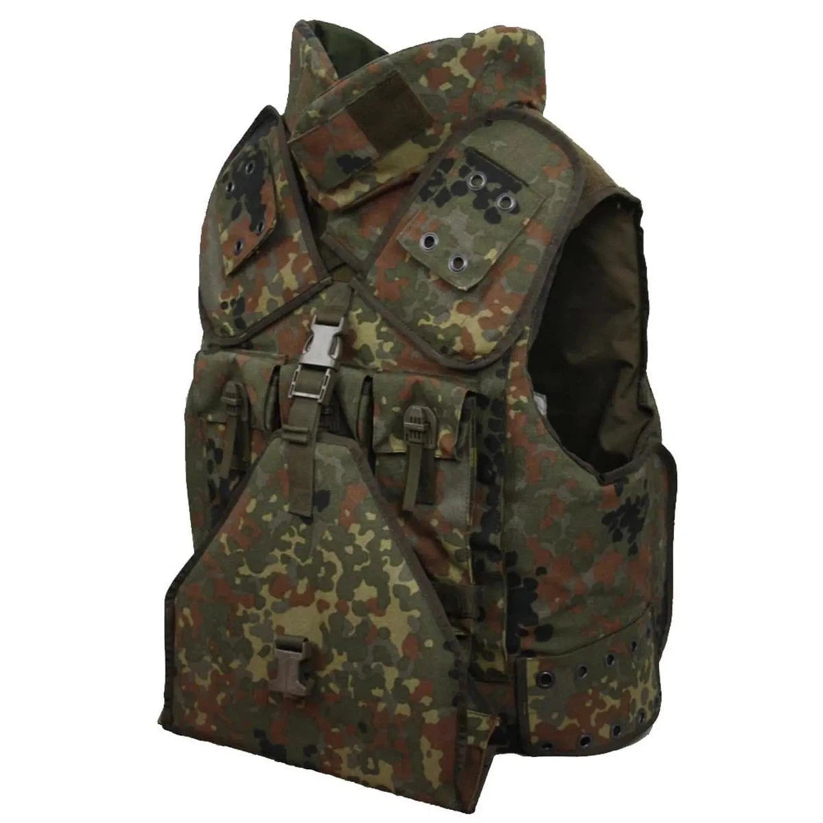 Bundeswehr equipment gear, in flecktarn camouflage, early 2000s, german body armor cover, suit, and helmet. - Armorix