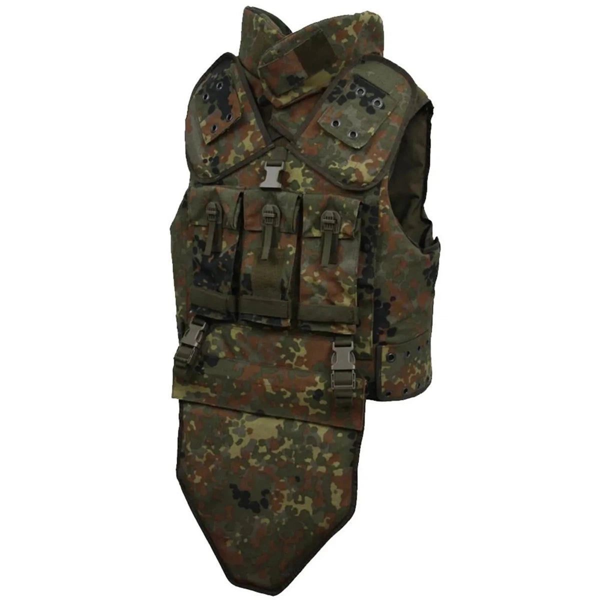 Bundeswehr equipment gear, in flecktarn camouflage, early 2000s, german body armor cover, suit, and helmet. - Armorix