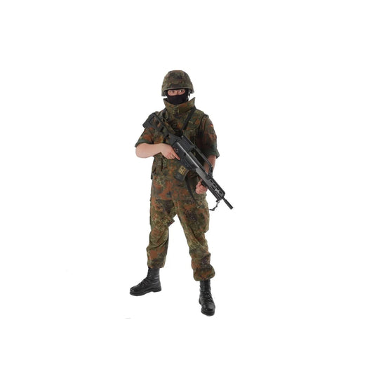 Bundeswehr equipment gear, in flecktarn camouflage, early 2000s, german body armor cover, suit, and helmet. - Armorix