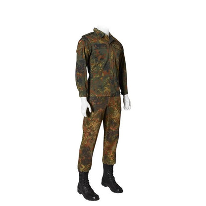 Bundeswehr equipment gear, in flecktarn camouflage, early 2000s, german body armor cover, suit, and helmet. - Armorix