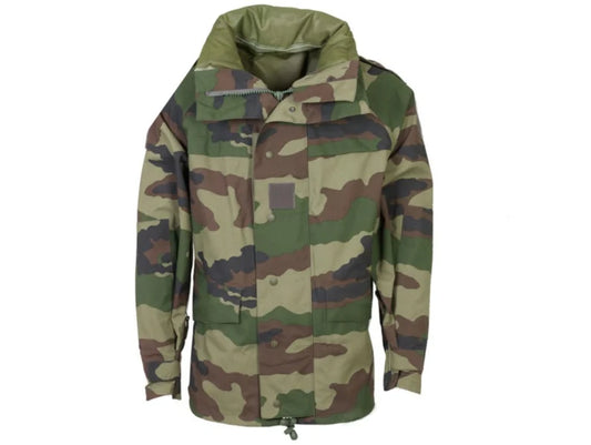 Original French Military waterproof jacket trilaminate field rain coat CCE, woodland camo.