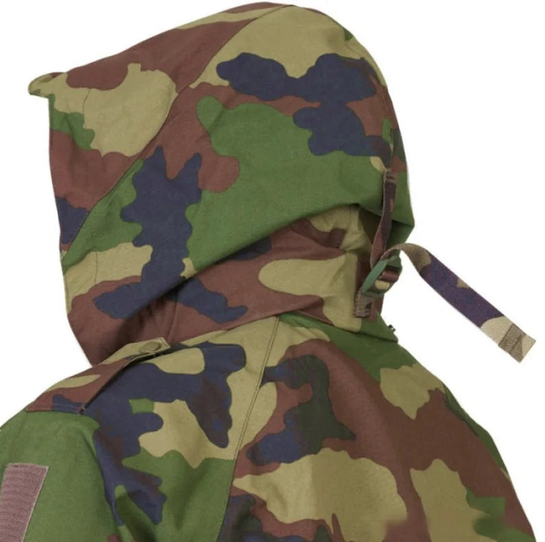 Original French Military waterproof jacket trilaminate field rain coat CCE, woodland camo.